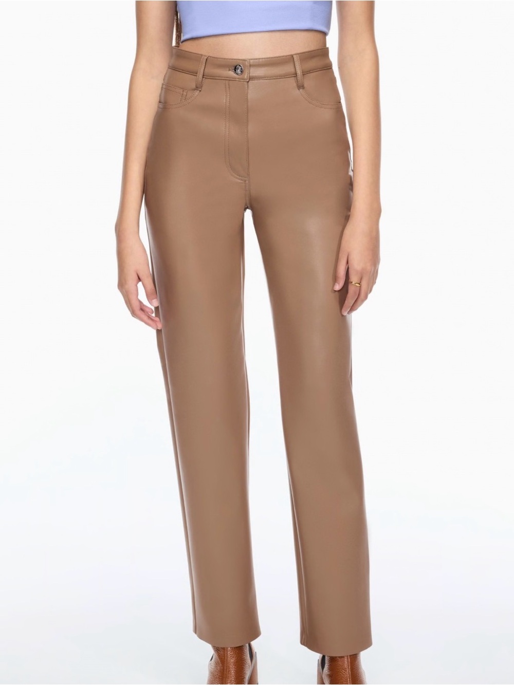 Aritzia Melina Straight Leg Faux Leather Pants in Camel Brown